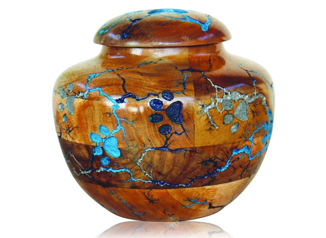 Wooden Pet Memorial Urn with Blue Paw Print Design