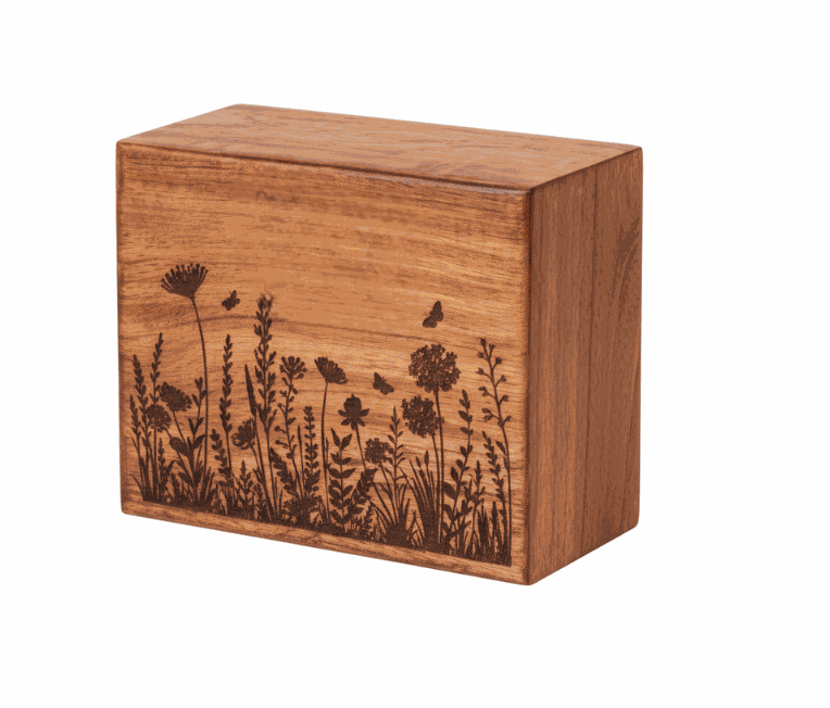 Wooden Memorial Cremation Urn – Floral Wildflower Design