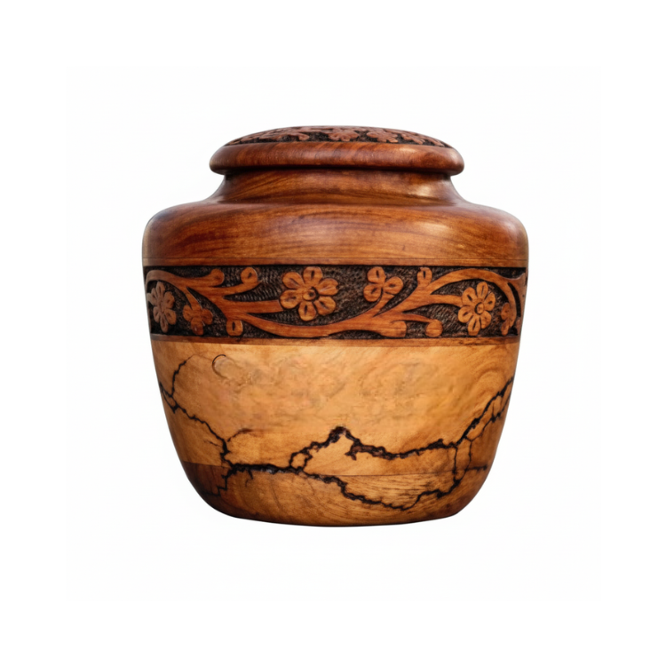 Wooden Cremation Urn with Floral Carved Design