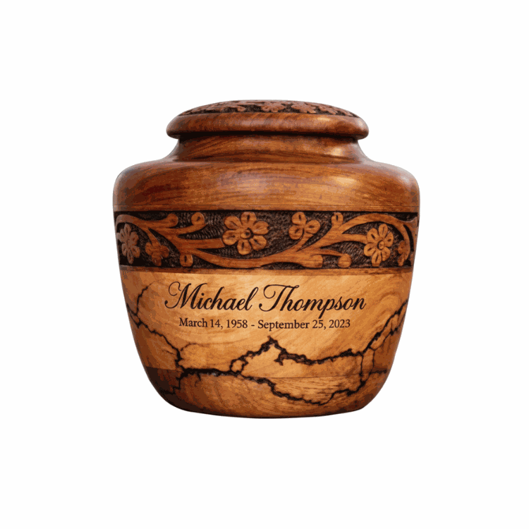 Wooden Cremation Urn with Floral Carved Design