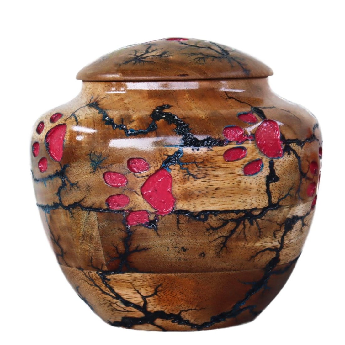 Handcrafted Wooden Memorial Urn with Red Heart Inlay Design