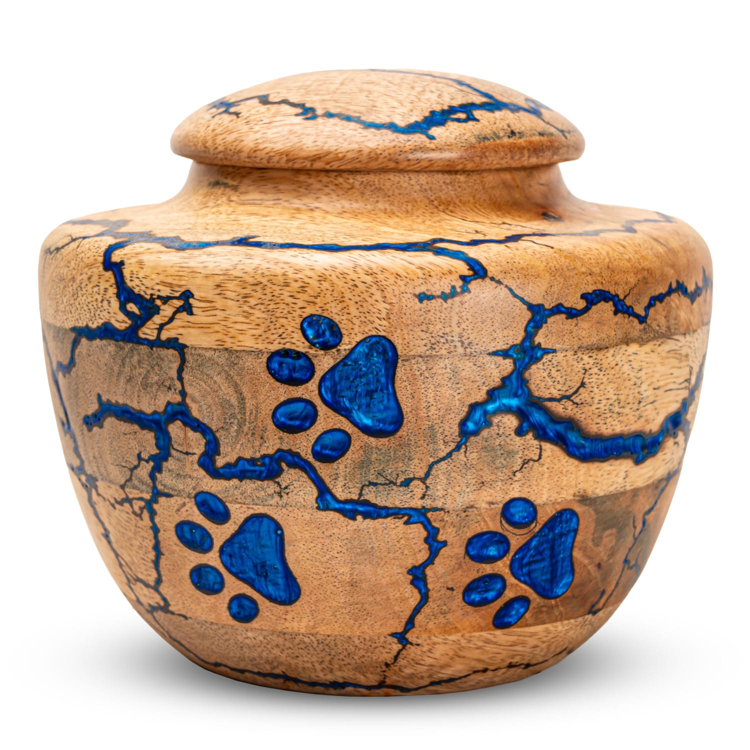 Handcrafted Wooden Pet Memorial Urn with Blue Paw Print Design