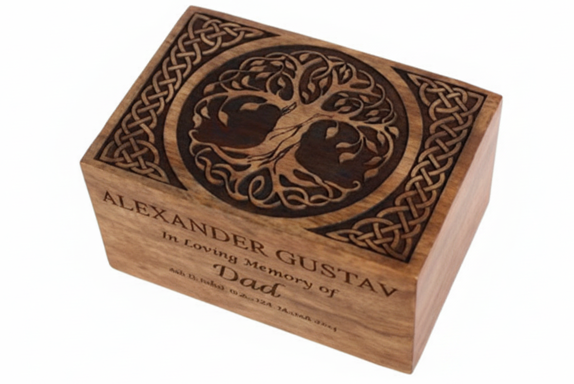 Celtic Tree of Life Wooden Cremation Urn with Knotwork Design