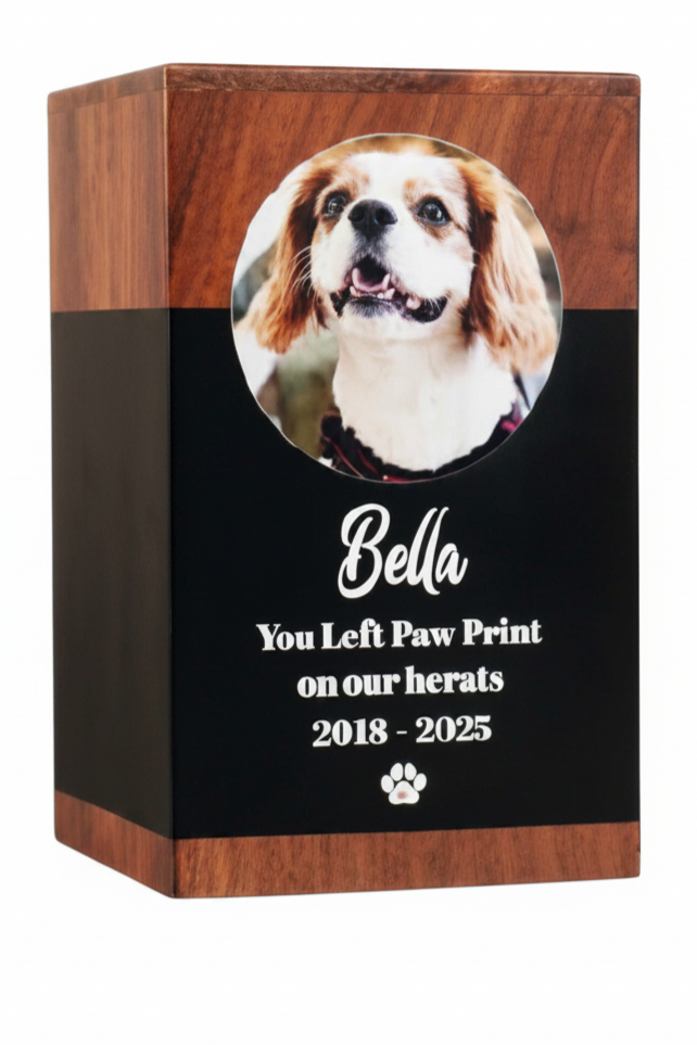 Personalized Wooden Dog Cremation Urn with Photo Design