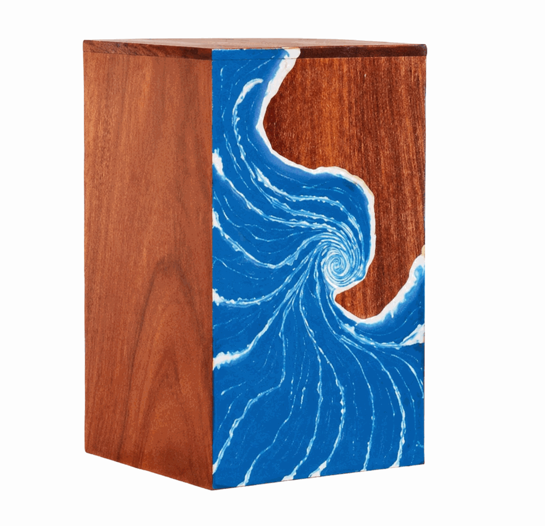 Wooden Cremation Urn with Blue Ocean Wave Design