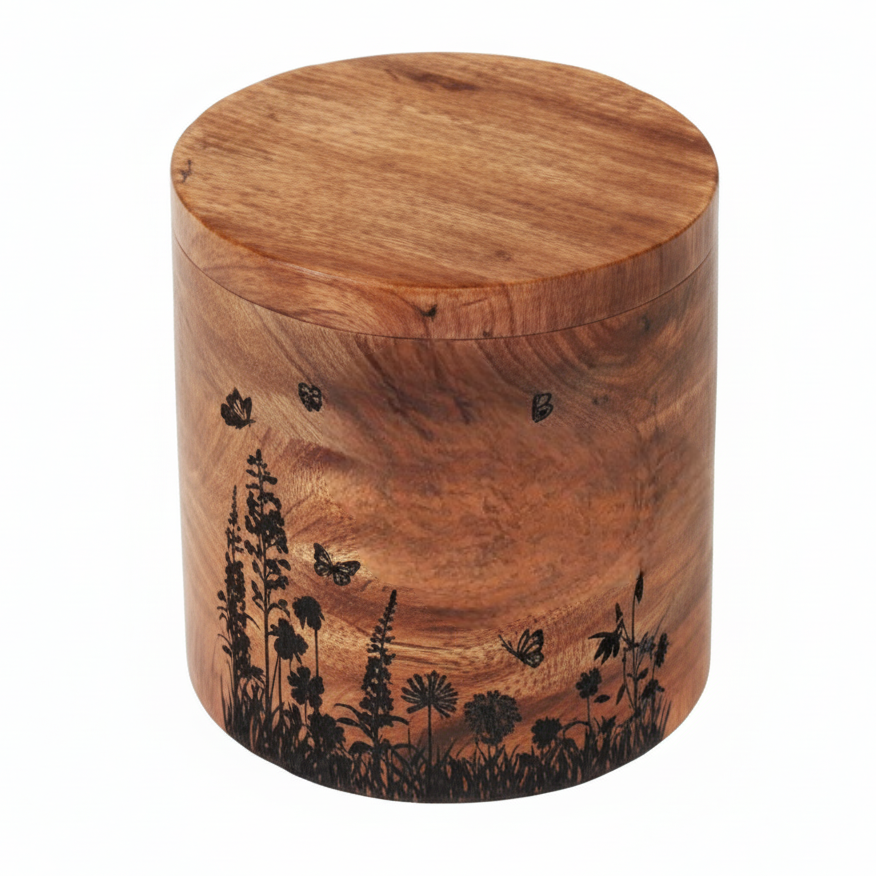 Wooden Memorial Cremation Urn with Floral Design