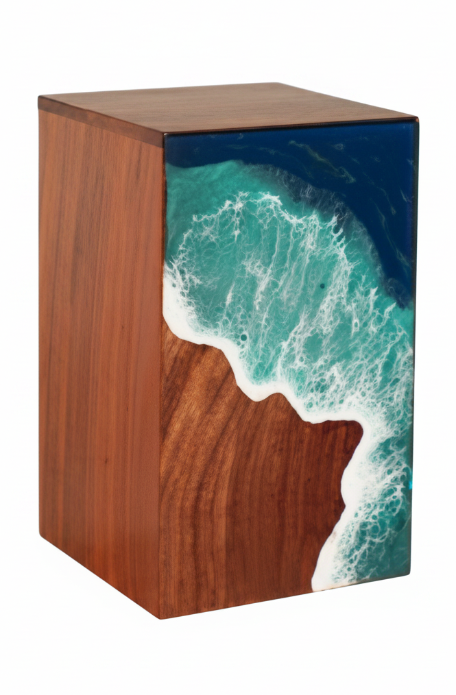 Wooden Cremation Urn with Ocean Coastal Wave Design