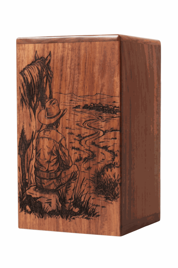 Wooden Urn with Vintage Engraved Artwork