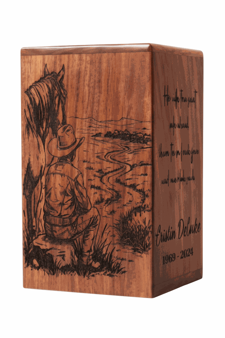Decorative Wooden Urn with Vintage Engraved Artwork