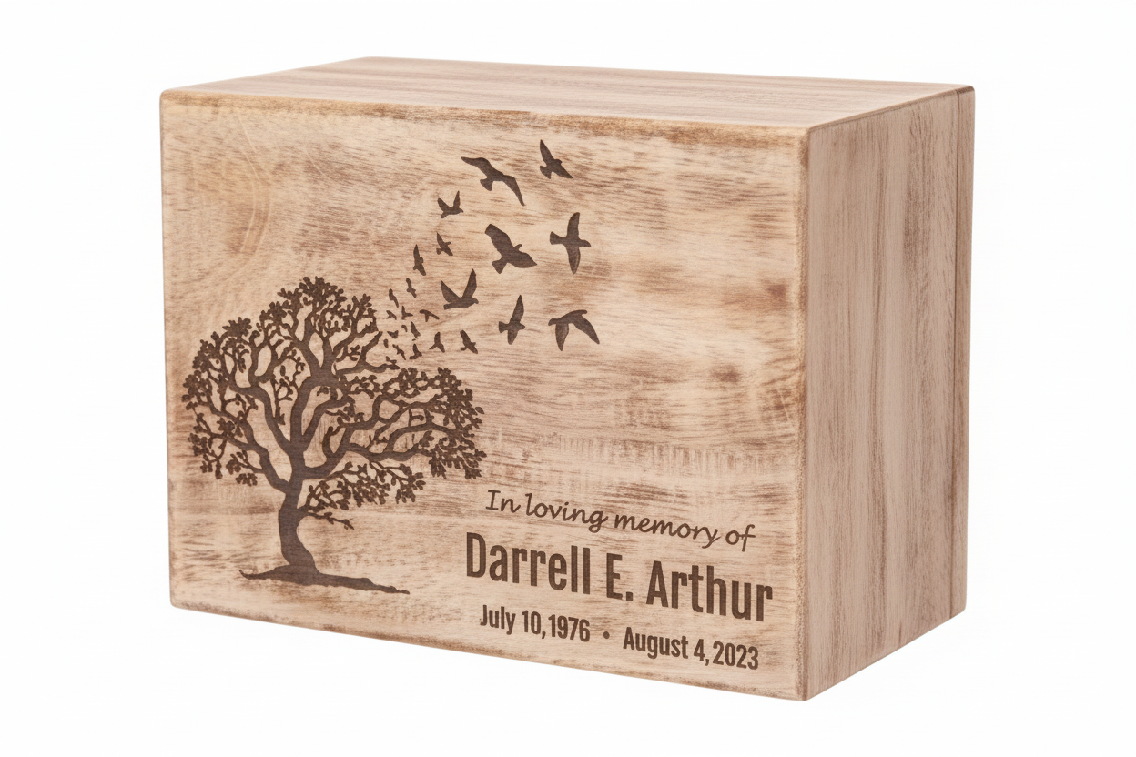 Personalized Wooden Cremation Urn – Tree and Flying Birds