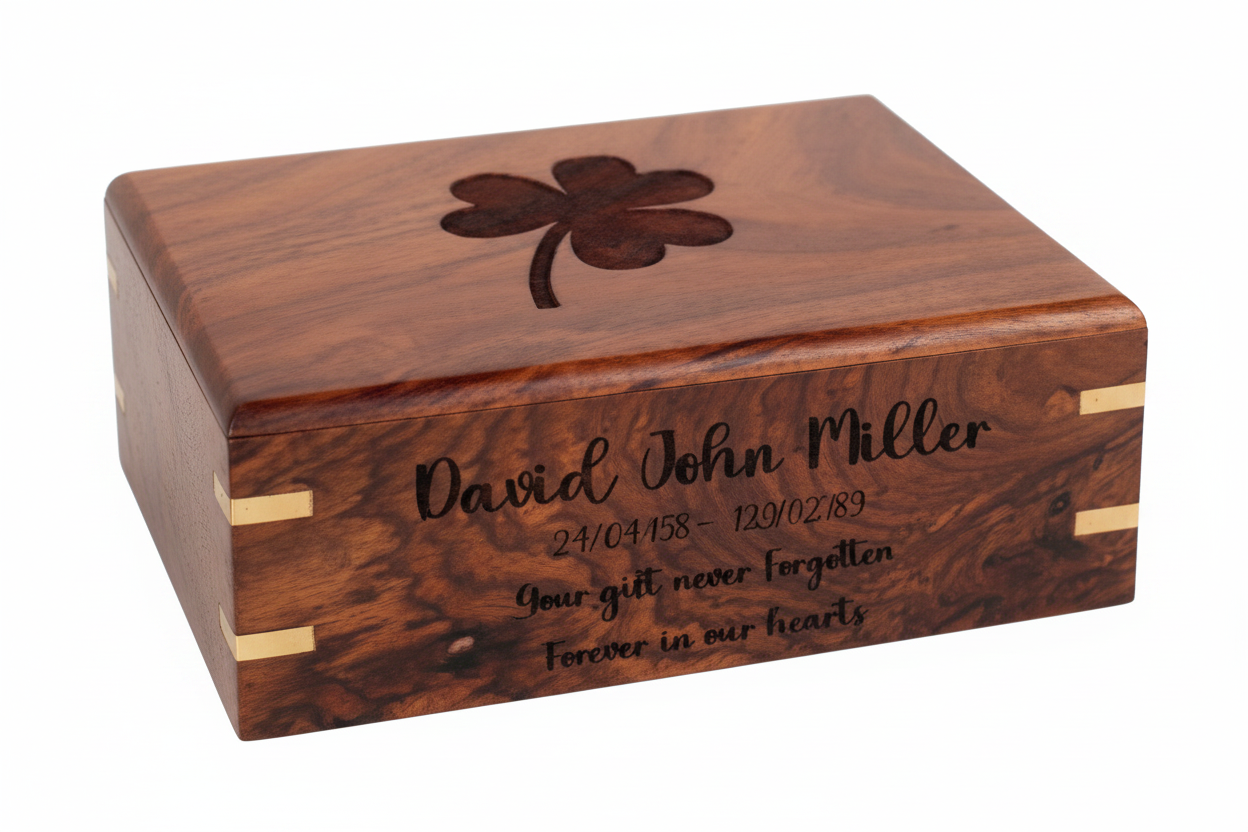 Personalized Wooden Cremation Urn with Four-Leaf Clover