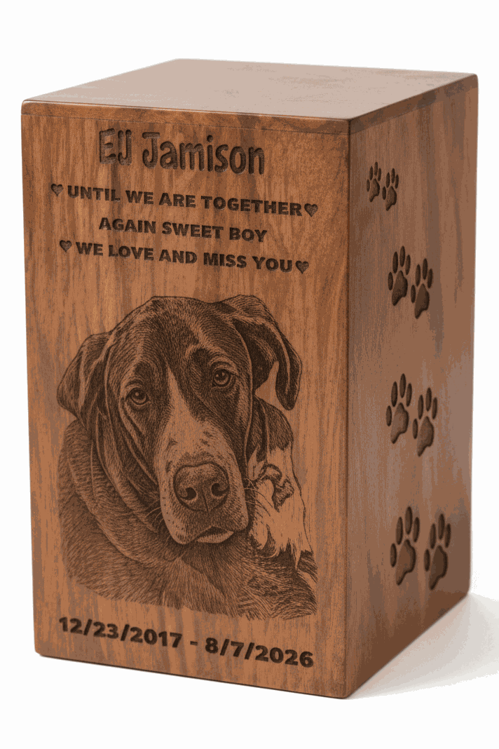 Personalized Wooden Dog Cremation Urn with Custom Dog Portrait