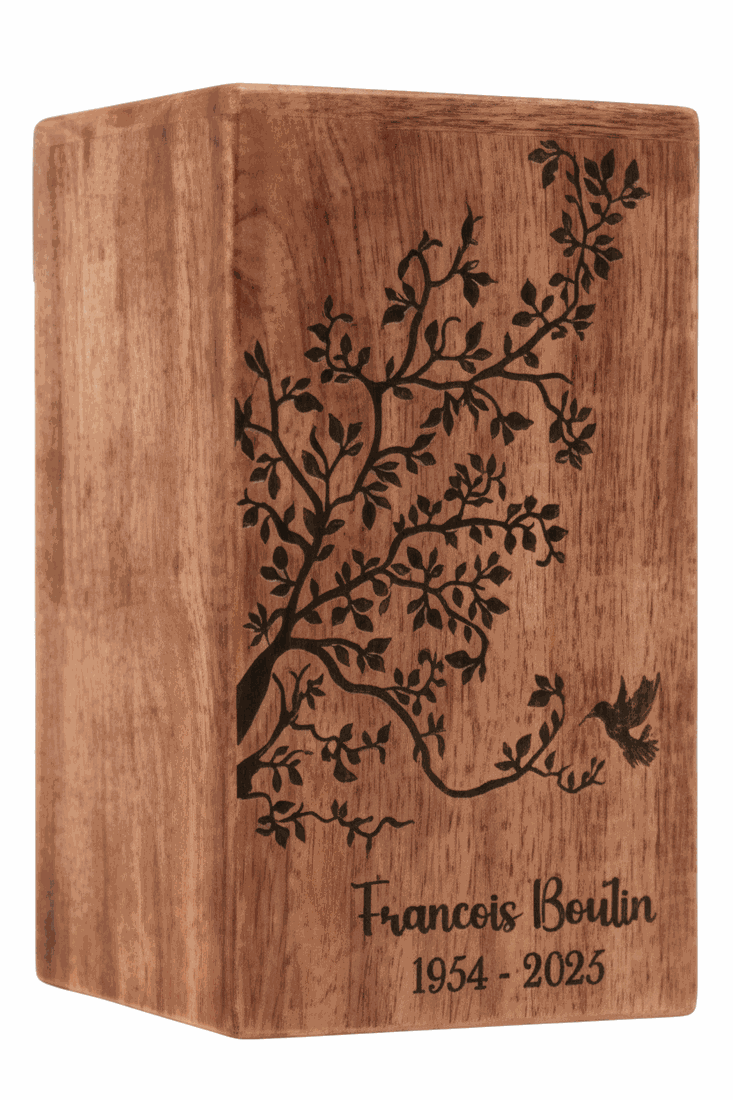 Handcrafted Wooden Cremation Urn – Floral Branch Engraved
