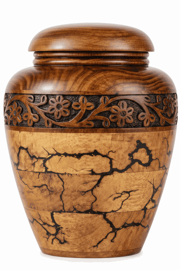 Wooden Cremation Urn with Floral Carved Band