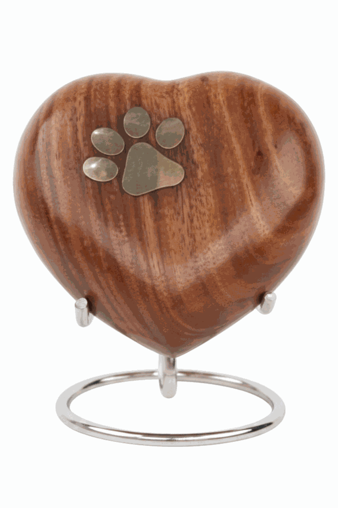 Heart-Shaped Wooden Pet Cremation Urn with Paw Print