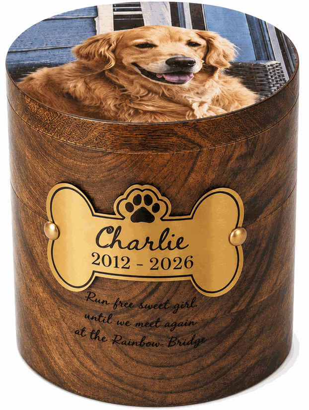 Cylindrical Cremation Urn with dog photo and laser Engraving