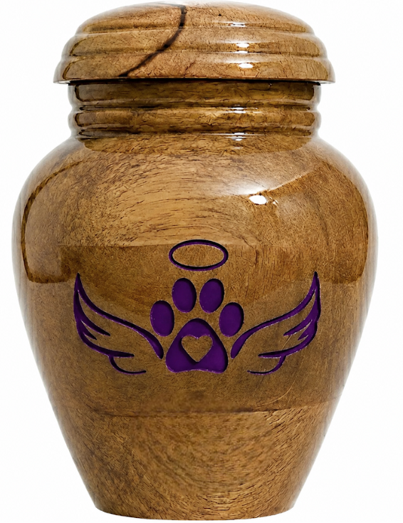 Cremation Urn with purple paw-wings laser Engraving