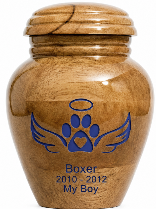 Cremation Urn with blue paw-wings laser Engraving