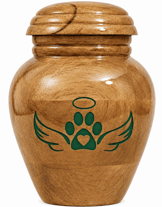 Cremation Urn with green paw-wings laser Engraving