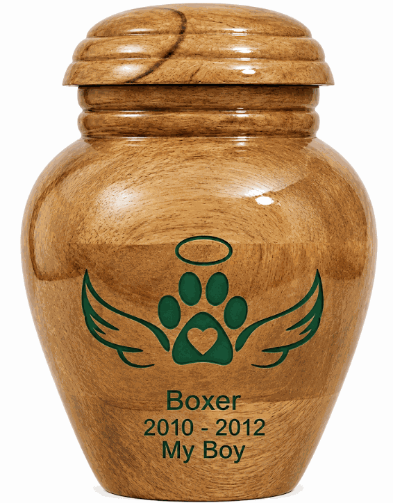 Cremation Urn with green paw-wings laser Engraving