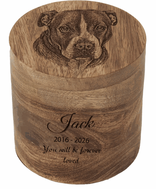 Cylindrical Cremation Urn with dog laser Engraving
