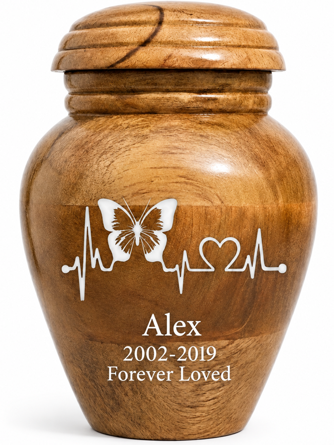 Cremation Urn with white butterfly-heart laser Engraving