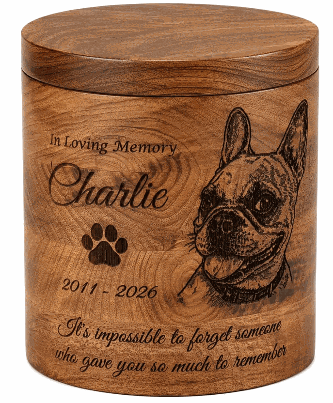 Cylindrical Cremation Urn with dog laser Engraving