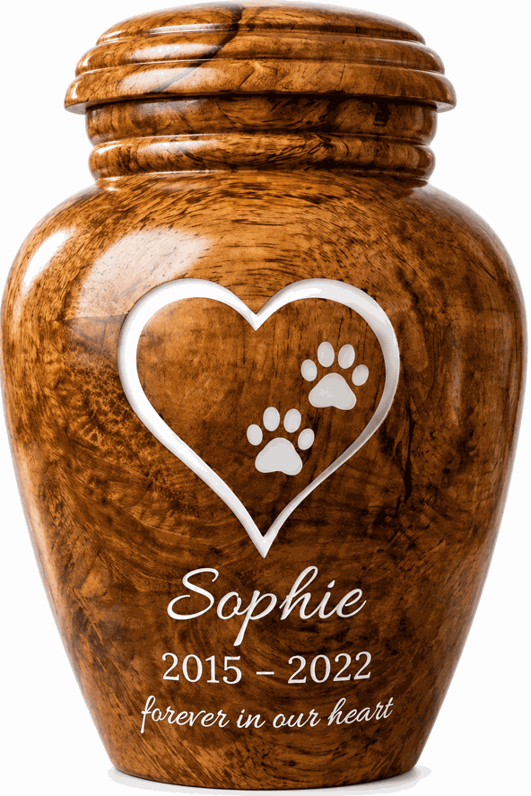 Cremation Urn with paw in white heart laser Engraving
