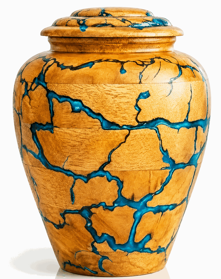 Cremation Urn with Natural Fractal Blue Resin Lightning Pattern