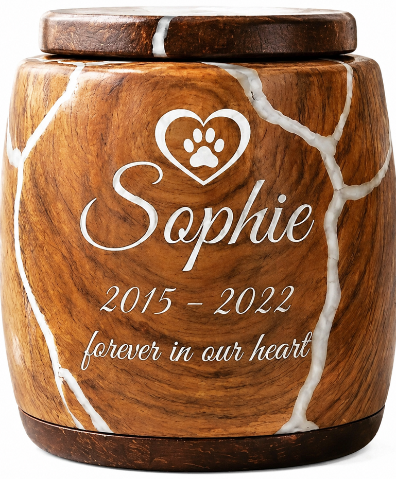 Cylindrical Cremation Urn with paw in heart laser Engraving