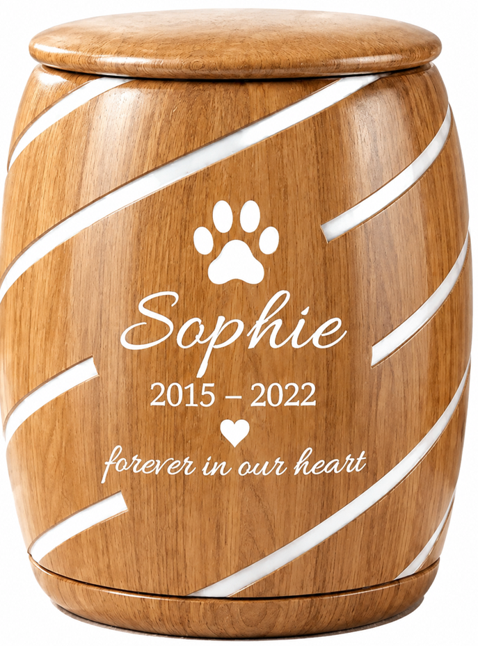 Cylindrical Cremation Urn with white paw laser Engraving
