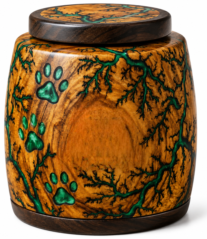Cylindrical Cremation Urn with green paw laser En graving