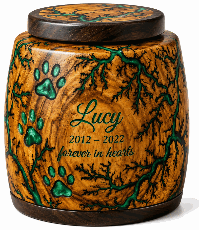Cylindrical Cremation Urn with green paw laser En graving