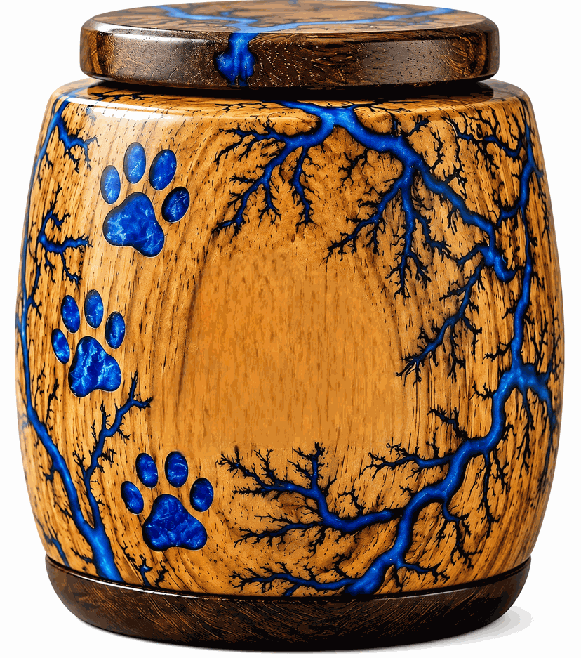 Cylindrical Cremation Urn with blue paw laser Engraving