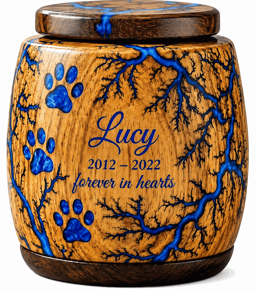Cylindrical Cremation Urn with blue paw laser Engraving