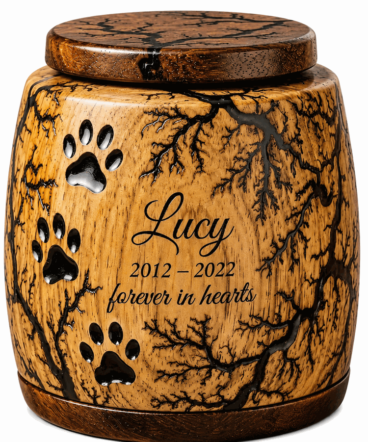 Cylindrical Cremation Urn with black paw laser Engraving
