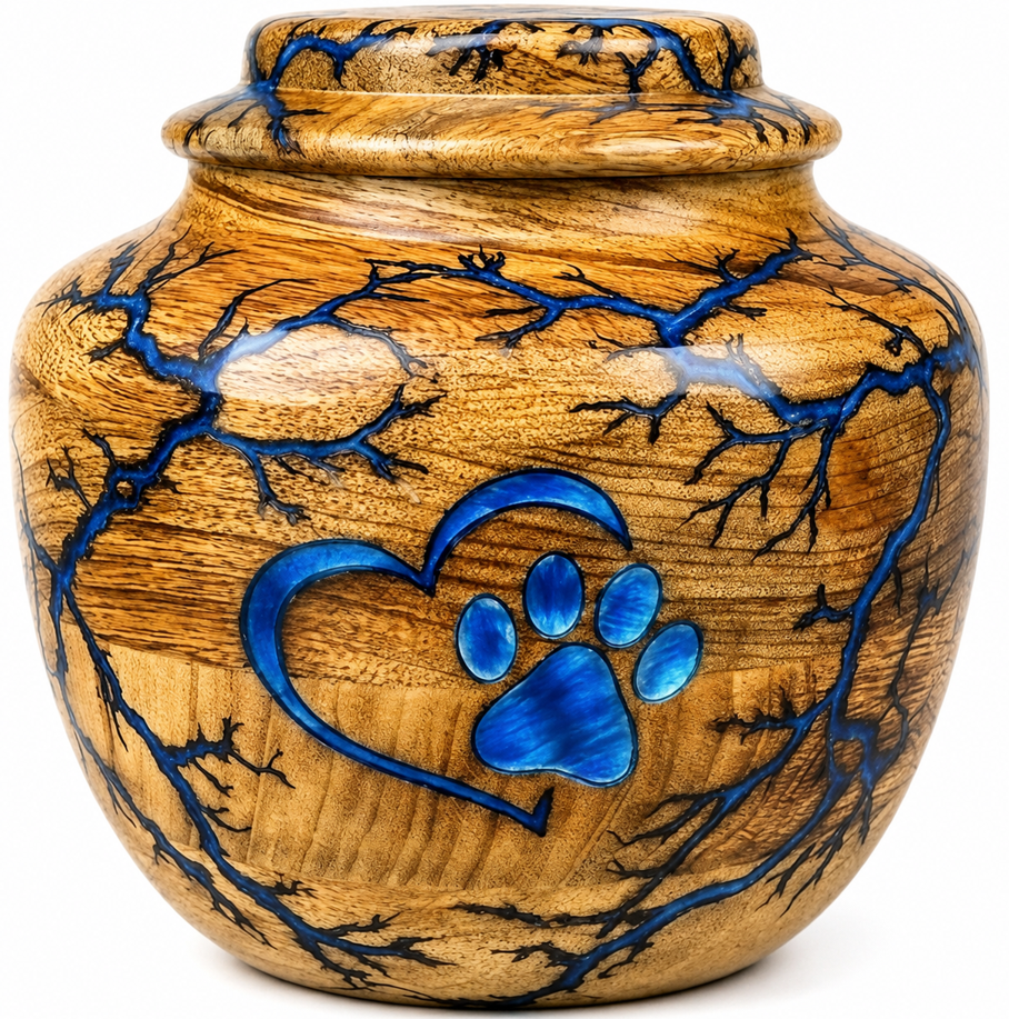Round Cremation Urn with blue paw Lichtenberg Resin