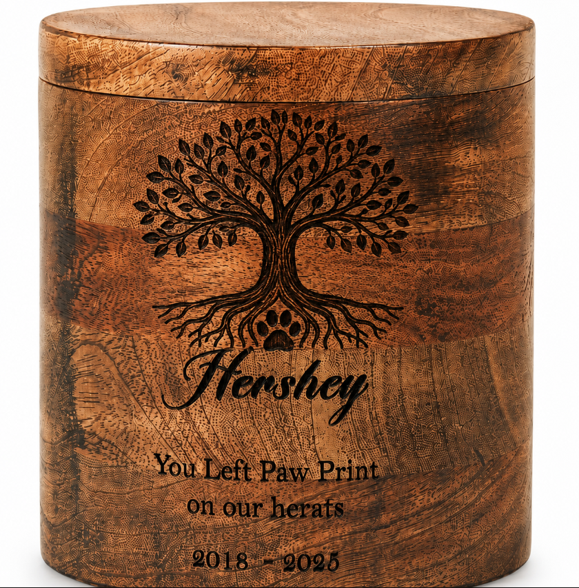 Cylindrical Cremation Urn with tree laser Engraving