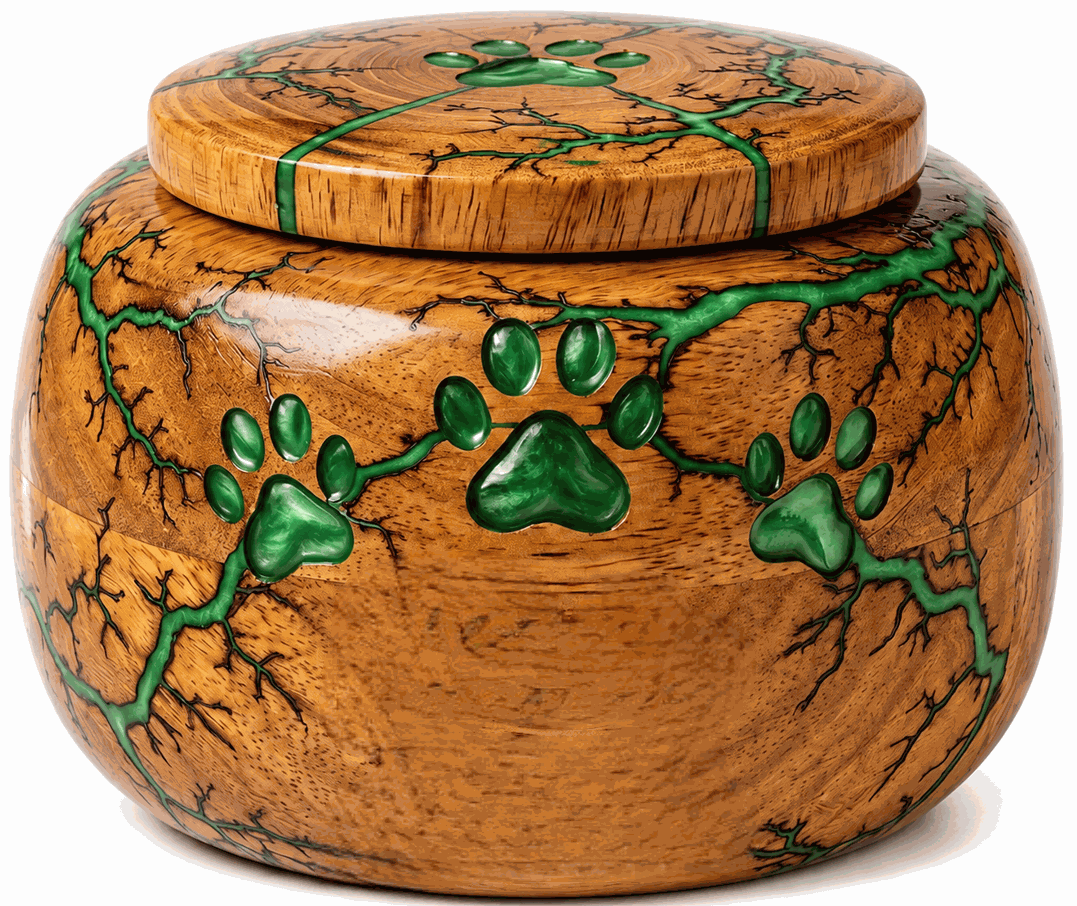 Round Cremation Urn with green paw with laser Engraving