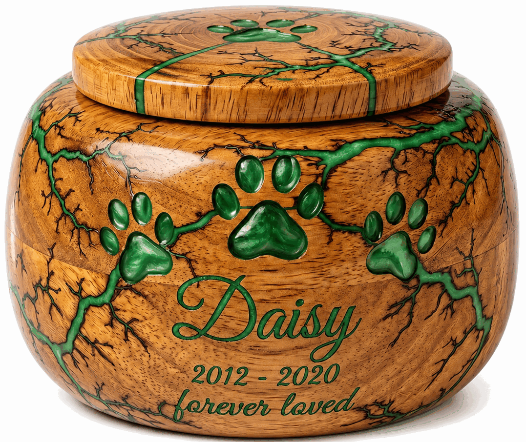 Round Cremation Urn with green paw with laser Engraving