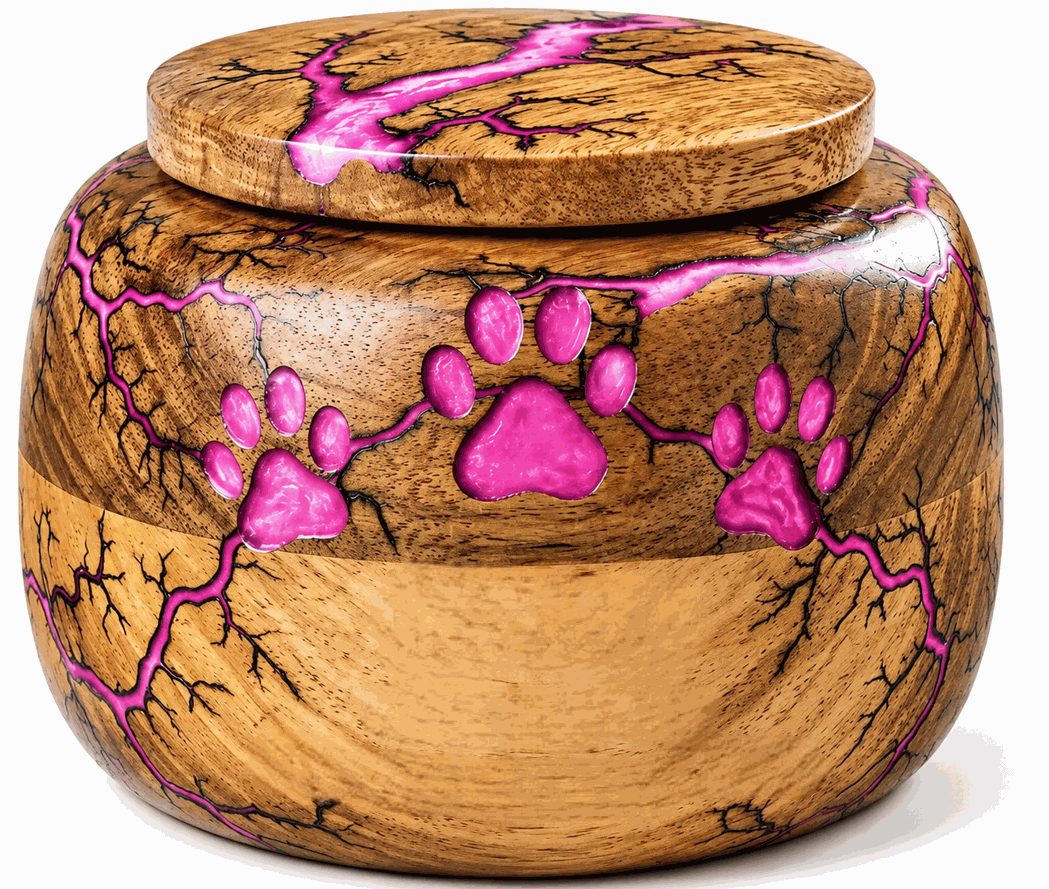 Round Cremation Urn with pink paw with laser Engraving