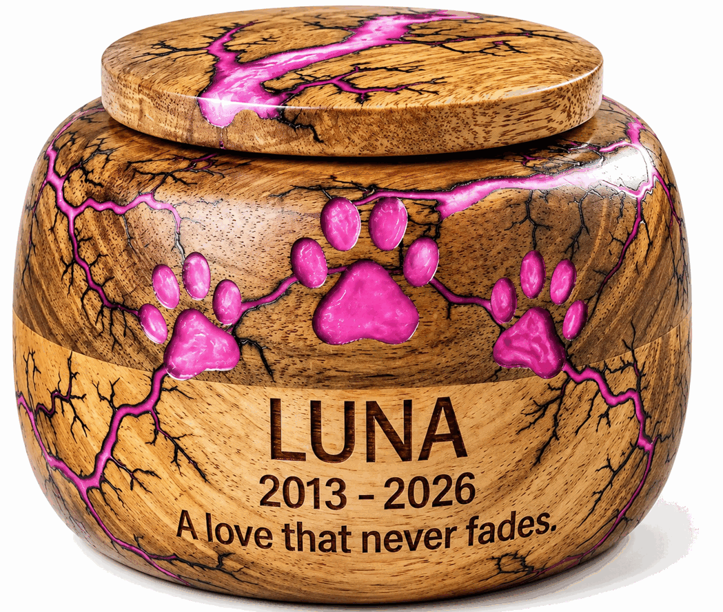 Round Cremation Urn with pink paw with laser Engraving