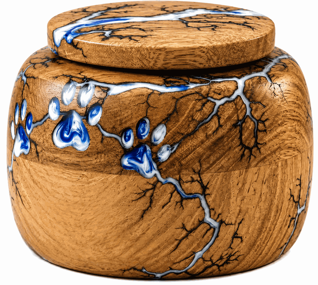 Round Cremation Urn with blue-white paw with heart laser Engraving
