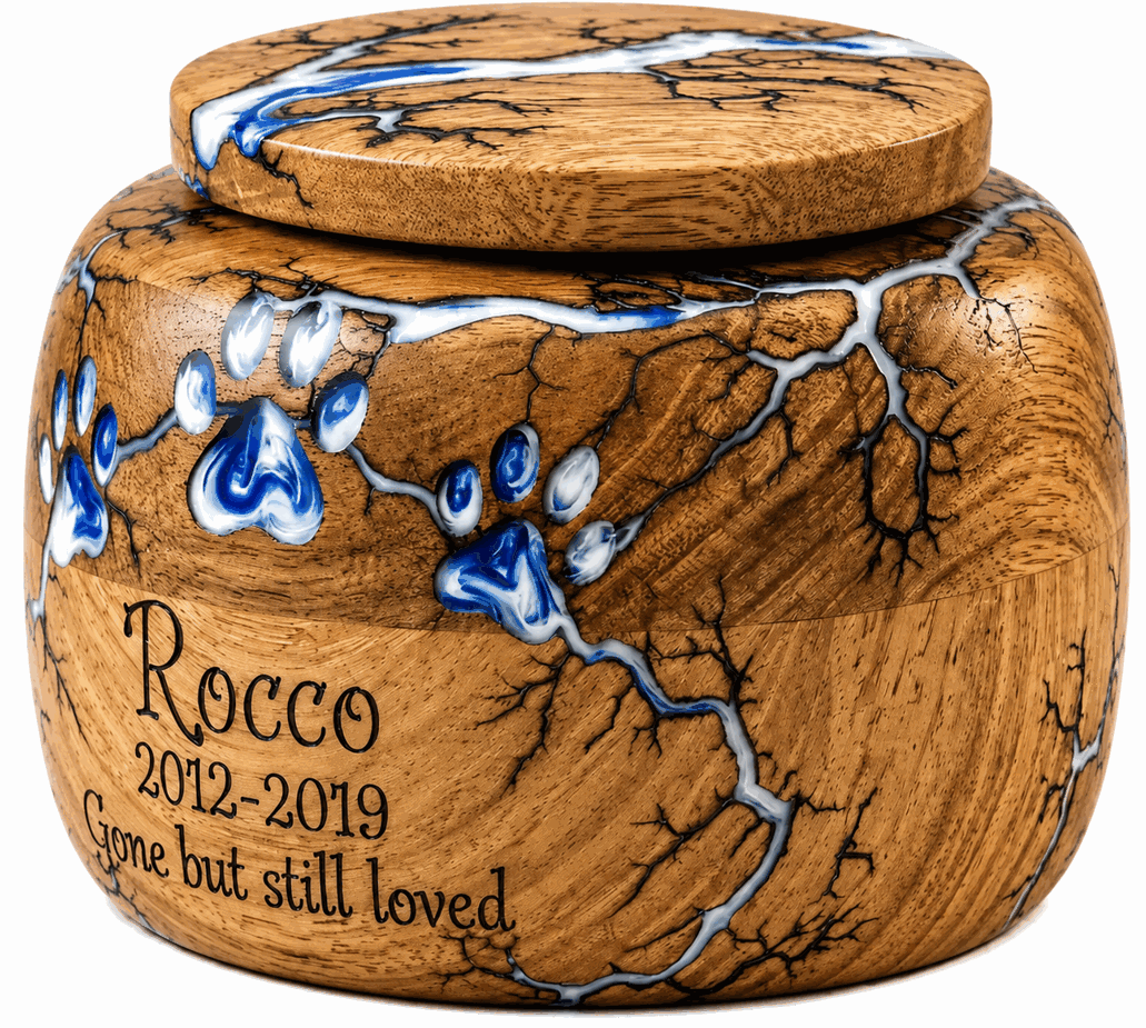 Round Cremation Urn with blue-white paw with heart laser Engraving