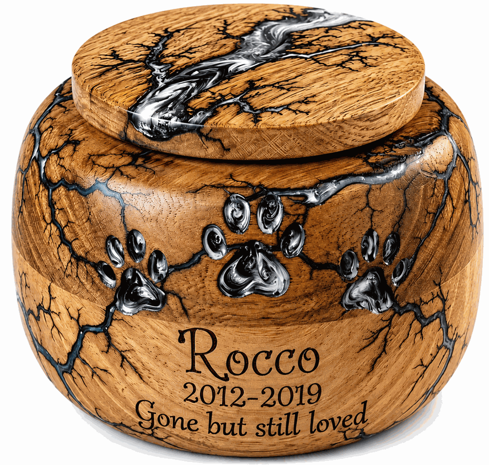 Round Cremation Urn with black-white paw laser Engraving