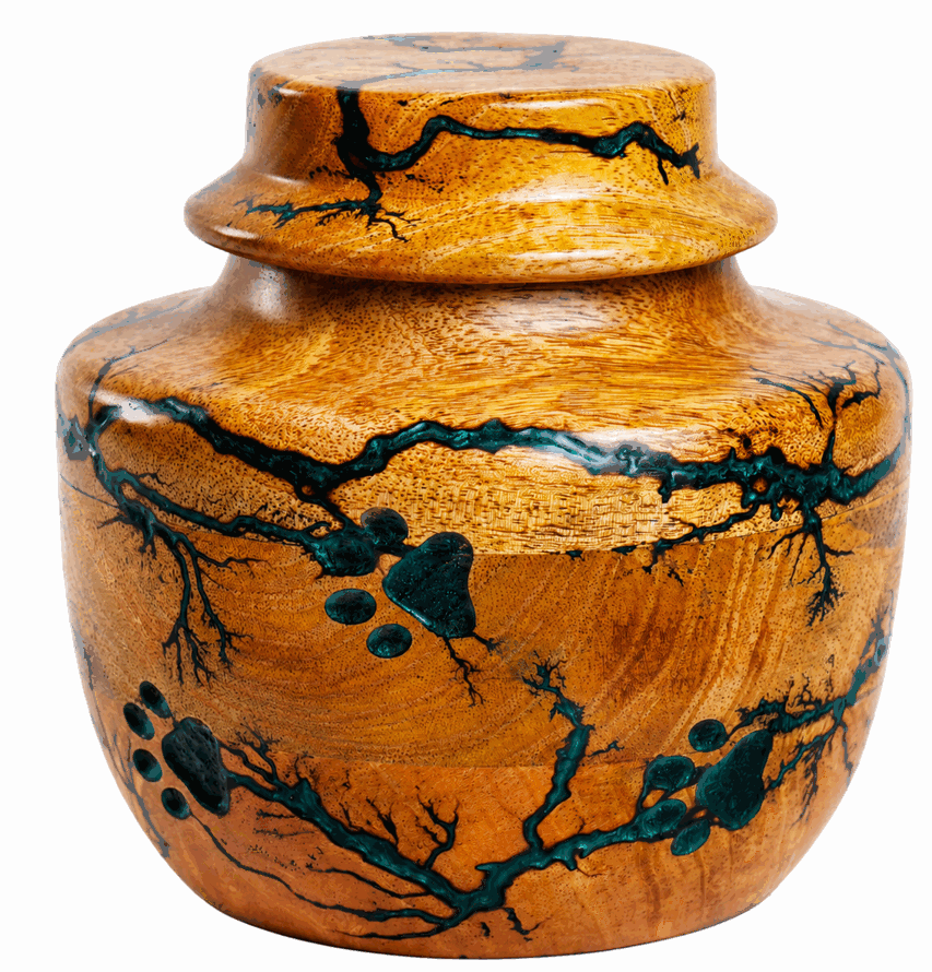 Round Cremation Urn with black paw Lichtenberg Resin
