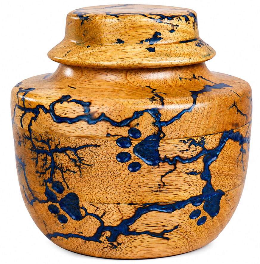 Round Cremation Urn with blue paw Lichtenberg Resin