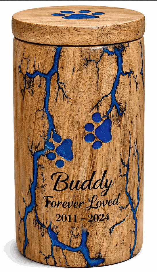Cylindrical Cremation Urn with black fractal engraving