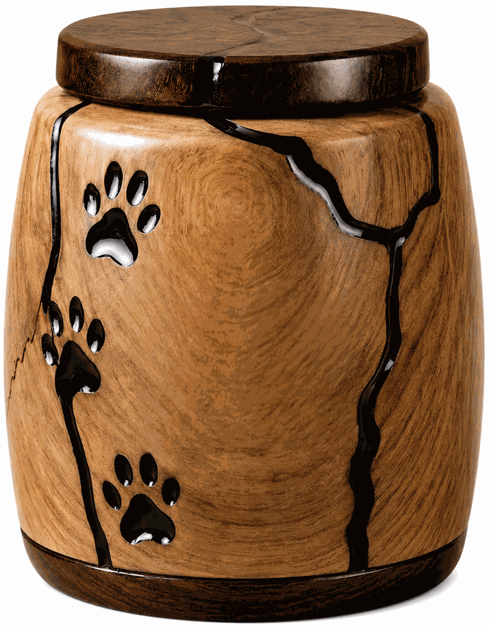 Cylindrical Cremation Urn with black paw laser Engraving