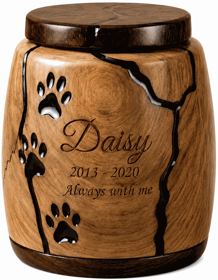 Cylindrical Cremation Urn with black paw laser Engraving